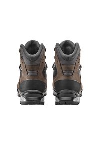 Stivali da trekking in pelle marrone con accenti grigi. Design alto, collo imbottito e suola in gomma testurizzata. Sistema di allacciatura visibile sui lati.