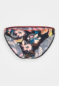 Bas de bikini noir avec des motifs floraux en rose, orange et bleu. Présente une taille contrastante rouge et une texture de tissu douce.