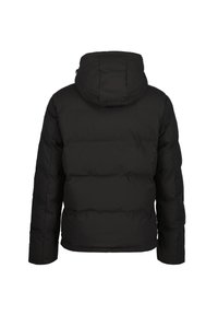 Black puffer jacket, designed with a hood, featuring a quilted texture, and a straight hem. No visible branding or additional details.