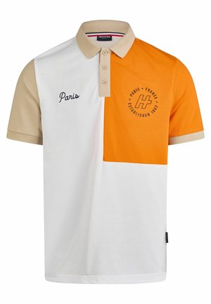 Polohemd aus weißem, orangefarbenem und beigem Stoff. Mit einem Knopfkragen, "Paris"-Stickerei und runder Logodetail auf der Brust.