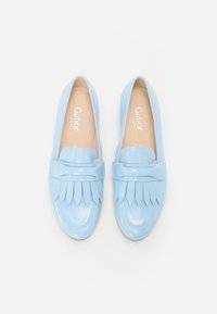 Light blue leather loafers featuring a fringed design on the front, rounded toe, and a smooth, glossy finish. Gabor branding inside.