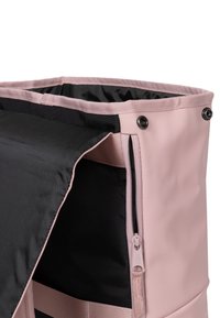 Pink zippered bag with a black interior. Features a structured shape, smooth outer material, and contrasting color accents along the top.