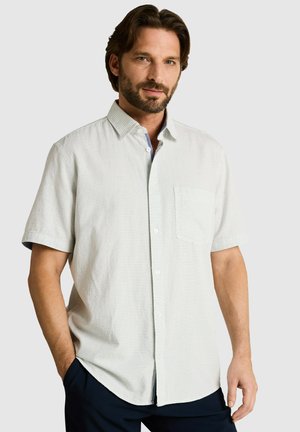 Homme aux cheveux courts et foncés avec une barbe, portant une chemise à manches courtes gris clair avec une poche poitrine et un pantalon foncé, debout devant un fond uni.