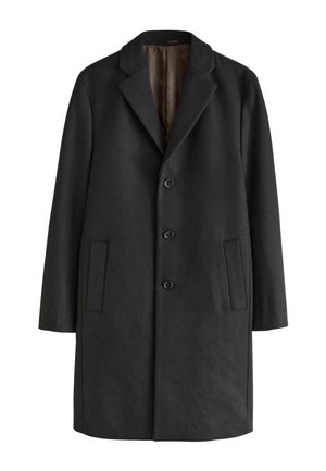 Crni vuneni kaput siva filc ovratnik. Tekstura je glatka s strukturiranim dizajnom, vidljivim šavovima i uspravnim ovratnikom.