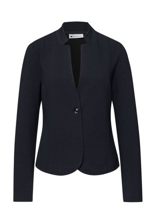 Blazer texturé bleu marine pour femme, avec manches longues, fermeture à un bouton et col rond sans col.