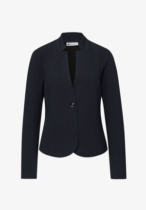 Blazer texturé bleu marine pour femme, avec manches longues, fermeture à un bouton et col rond sans col.