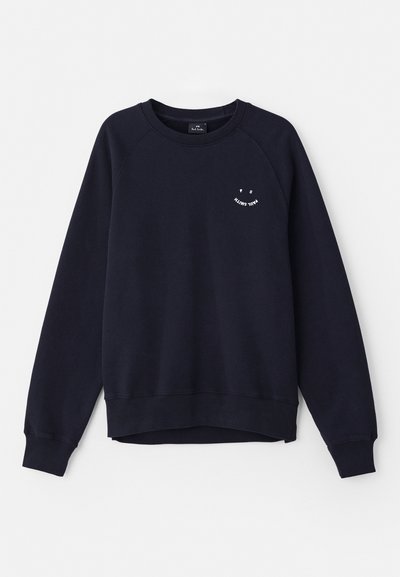 Mørkeblå hettegenser laget av myk bomull, med rund hals, lange raglan-ermer, og et lite hvitt grafisk motiv på brystet.