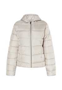 Pufjakke i lys beige med lynlås fortil, ståkrave og vandret kviltet polstring. Glat, skinnende overflade med elastiske manchetter.
