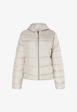 Pufferjack in lichtbeige met een rits aan de voorkant, opstaande kraag en horizontaal gestikte padding. Glad, glanzend uiterlijk met elastische manchetten.