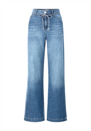 Jeans blue a gamba larga realizzati in denim, con vita a cordoncino annodato, design a cinque tasche e finitura sbiadita con leggere sfumature.