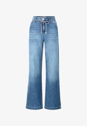Jeans blue a gamba larga realizzati in denim, con vita a cordoncino annodato, design a cinque tasche e finitura sbiadita con leggere sfumature.