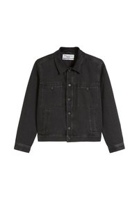 Zwarte denimjas met een knoopsluiting aan de voorkant, twee borstzakken en twee zijzakken. Klassieke kraag en lange mouwen. Gestructureerde stofafwerking.