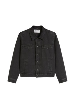 Black denim jacket with a buttoned front, two chest pockets, and two side pockets. Classic collar and long sleeves. Textured fabric finish.