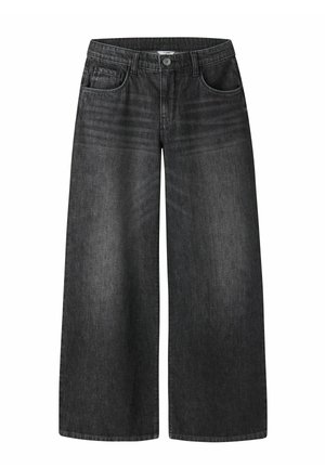 Jean à jambes larges en denim gris foncé, avec une taille haute, cinq poches et des surpiqûres horizontales discrètes sur le devant.