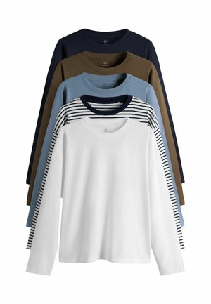 Five long-sleeve shirts displayed. Colors include navy, olive green, light blue, white with navy stripes, and solid white. Cotton fabric.