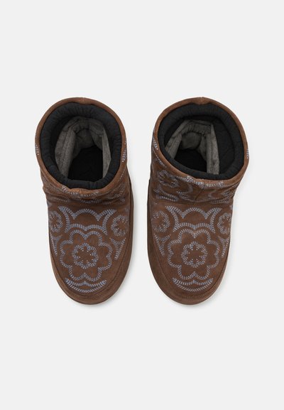 Brown suede slippers with floral blue embroidery, plush gray lining, and a rounded toe shape. Soft, textured exterior for comfort.