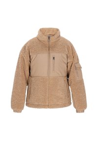 Beige sherpa fleecejakke med høj krave, front lynlås, stofbrystpanel med lynlås lomme, samt lynlås lommer på den nedre front og på ærmet.