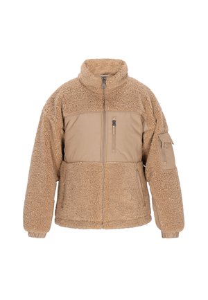 Beige sherpa vilnas jaka ar augstu apkakli, priekšējo rāvējslēdzēju, auduma krūšu paneļa ar rāvējslēdzēja kabatu un rāvējslēdzēja kabatām apakšējā priekšpusē un piedurknē.