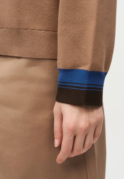Main détendue le long du corps, portant un pull beige avec un poignet rayé bleu et brun foncé, assorti à un pantalon beige.