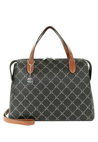 Black patterned handbag with brown faux leather handles, diamond shapes outlined in white, includes a detachable charm and adjustable strap.