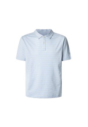 Light blue polo shirt with thin white horizontal stripes, short sleeves, a collar, and three-button placket. Cotton blend fabric.