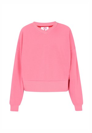 Roosa sviiter V-kaelusega, langenud õlgadega ja ribakätistega. Pehme materjal lühendatud disainiga ja ühtlane tekstuur.