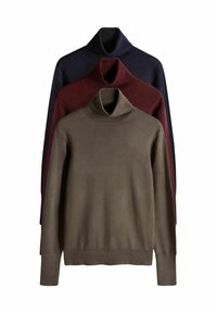 Kolm kõrge kaelusega sviitrit oliivrohelises, burboonpunases ja tumesinises värvitoonis. Valmistatud pehmest kudumist, millel on soonilised kaelused ja mansetid.