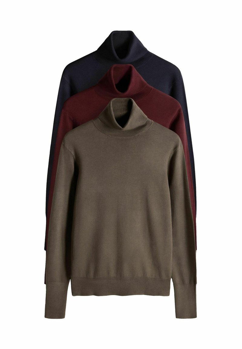 Kolm kõrge kaelusega sviitrit oliivrohelises, burboonpunases ja tumesinises värvitoonis. Valmistatud pehmest kudumist, millel on soonilised kaelused ja mansetid.