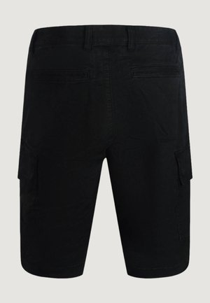Pantalones cortos cargo negros con trabillas para cinturón, dos bolsillos traseros de ojal y bolsillos con solapa en los laterales, mostrados desde atrás sobre un fondo liso.
