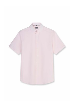 Chemise rose clair à manches courtes avec boutons, col classique, coupe ajustée et tissu lisse, présentée à plat sur fond blanc.