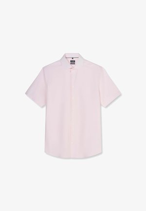 Lichtroze overhemd met korte mouwen en knopen, klassieke kraag, slim fit en gladde stof, plat liggend op een witte achtergrond.