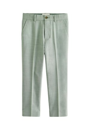 Pantaloni verde chiaro realizzati in un tessuto texturizzato, dotati di tasche frontali e chiusura con un singolo bottone in vita. Design con fronte piatto.