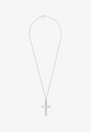 Silver chain necklace featuring a polished metal cross pendant, with a simple, geometric design and smooth texture.