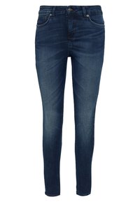 Jeans ajustados de mezclilla color azul oscuro, con un diseño clásico de cinco bolsillos, costuras visibles y cremallera con cierre de botón.