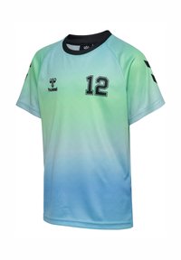 Kurzärmeliges Sporttrikot mit Farbverlauf von Grün zu Blau, schwarzer Kragen, Nummer 12 auf der Brust und Hummel-Logo vorne und an den Ärmeln.