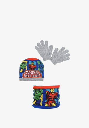 Knitted gray gloves, blue and red superhero-themed beanie with graphic designs, and a matching colorful neck warmer featuring characters.