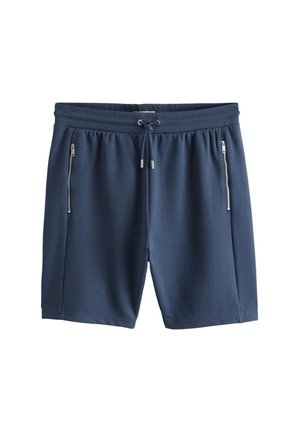 Mørkeblå atletikshorts med elastisk linning, snøre og to lodrette lynlåslommer på frontens sider.
