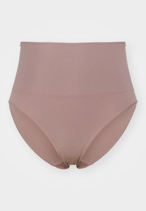 High-waisted underwear in a soft mauve color, made from stretchy fabric with a smooth texture and minimal seams for comfort.