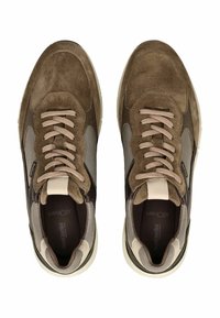 Zapatillas de ante marrón con paneles de malla, punta redonda, cordones planos y un logo. Plantillas acolchadas que brindan comodidad. Suelas de goma para una mejor tracción.