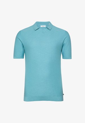 Polo a maniche corte in maglia di colore azzurro chiaro con colletto e scollo a V con intaglio, vestibilità aderente, realizzata in tessuto finemente strutturato.