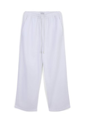 Pantaloni bianchi a gamba larga realizzati in un tessuto morbido, con vita elastica e coulisse e tasche laterali. Texture liscia e design semplice.
