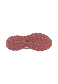 Semelle en caoutchouc avec des crampons prononcés pour une traction, présentant une couleur rougeâtre, un logo en relief et des bords lisses pour une meilleure adhérence.