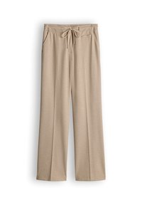 Pantaloni beige a gamba larga realizzati in materiale morbido, con vita regolabile tramite coulisse e tasche anteriori, caratterizzati da un design pulito e lineare.