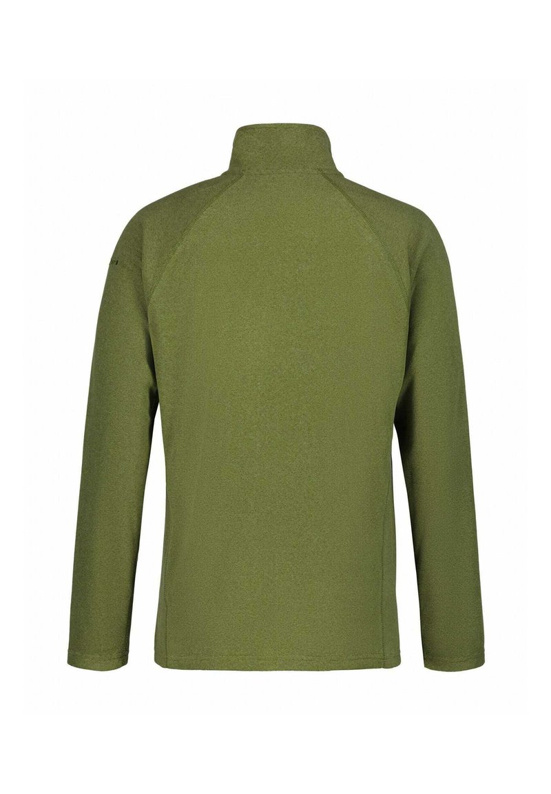 Olijfgroen fleecejack met lange mouwen en een hoge kraag, gezien vanaf de achterkant op een witte achtergrond.