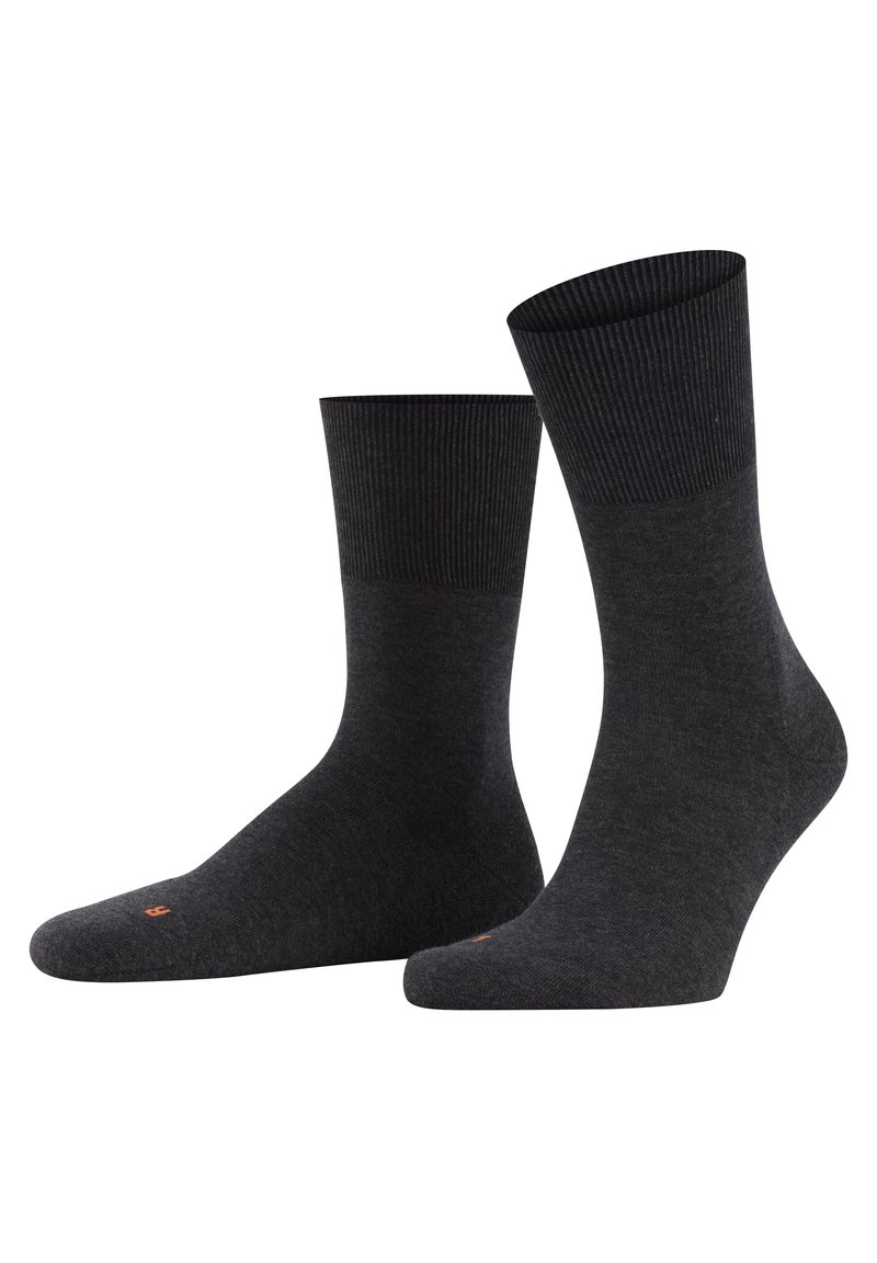 Pair of dark gray crew socks with ribbed cuffs and small red markings on the toes, displayed on white background.