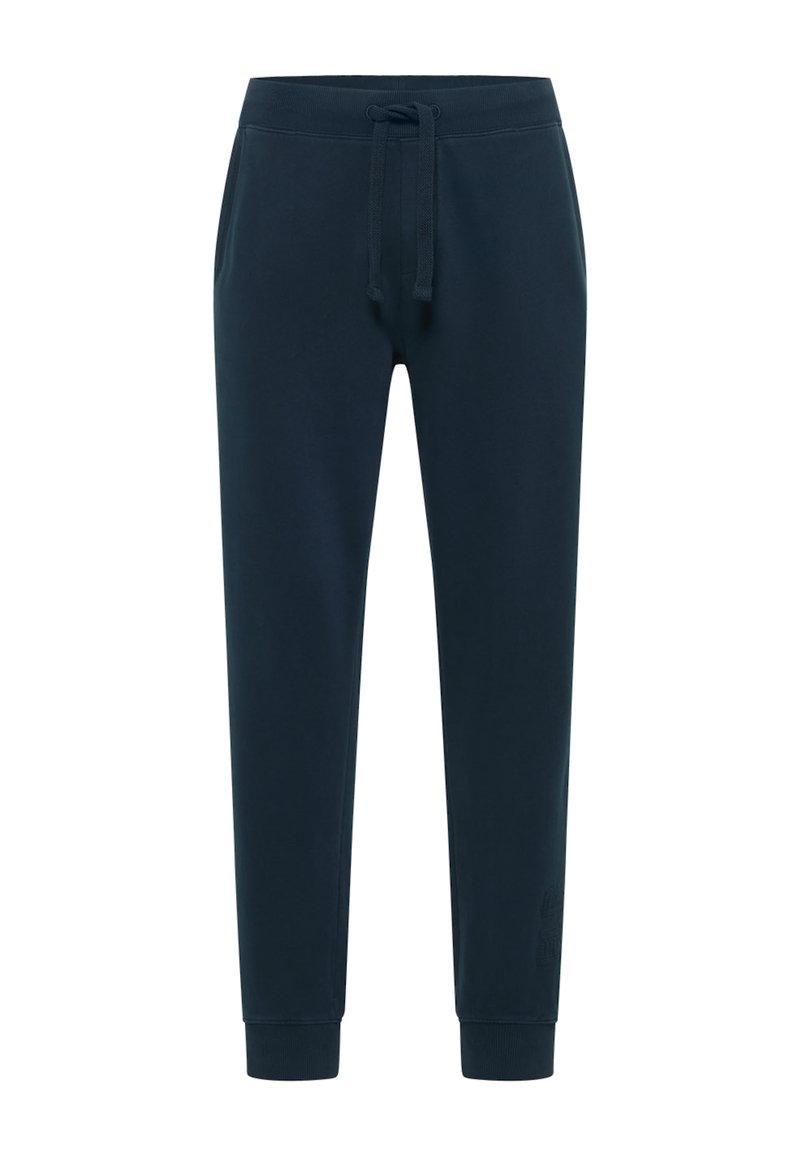 Mørkeblå sweatpants lavet af blødt stof, med snoretræk i taljen, ribbede manchetter og et logo-detajle på underbenet.