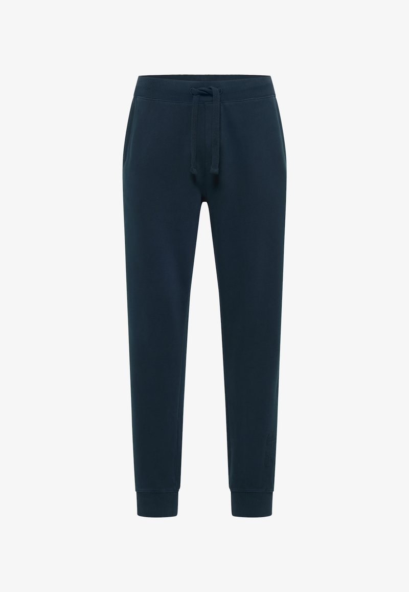 Navyblaue Jogginghose aus weichem Stoff, mit einem Kordelzugbund, gerippten Bündchen und einem Logodetail am unteren Bein.