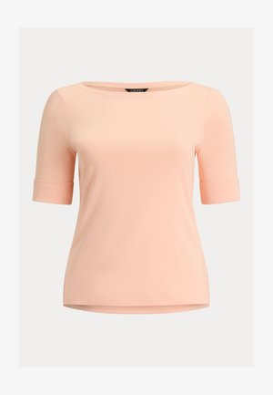 Maglietta da donna rosa chiaro a maniche corte con scollo a barca e polsini ripiegati, design semplice e etichetta del marchio Lauren all'interno del colletto.