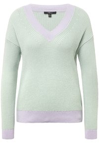 Pull en maille vert clair avec encolure V, poignets et ourlet côtelés lavande, manches longues et motif texturé.