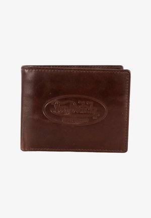 Portefeuille plié en cuir marron avec logo embossé "Von Dutch California" sur le devant.